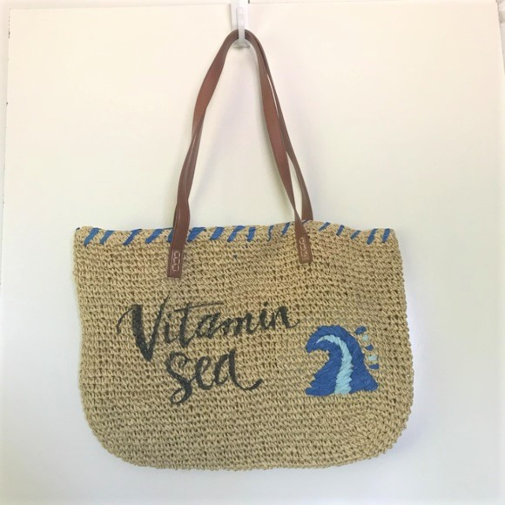 Vitamin Sea Straw Beach Tote Bag Large Summer Vacation Pool Cruise Book Bag